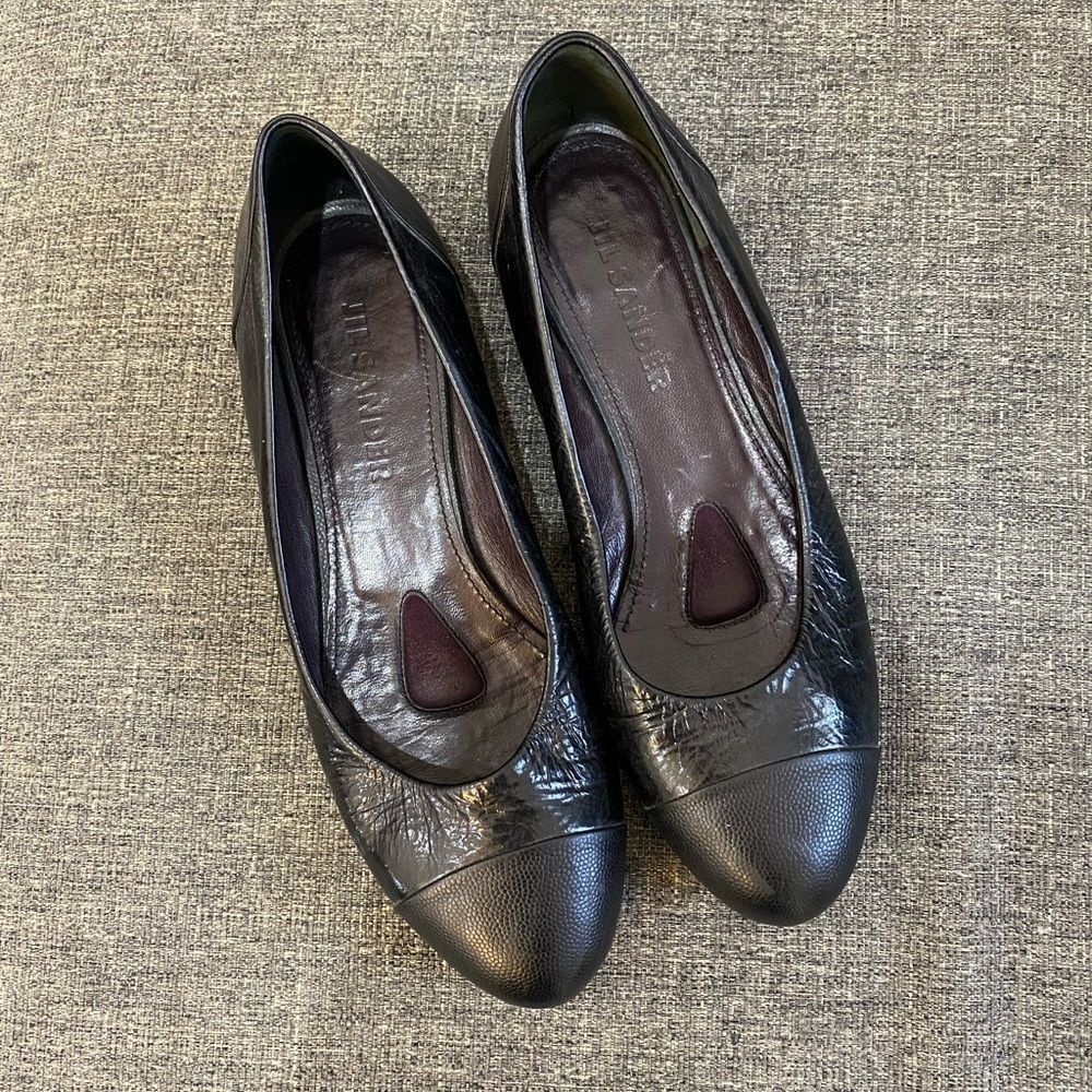 Jil Sander Black Leather Cap-Toe Flats Women Size 37